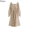 Nbpm Women Chic Fashion With Vintage Elegant Midi Dress Puff Sleeves Velvet High Waist Vestidos Mujer Party Chic Spring 210529