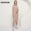 ACHOAE 솔리드 니트 롱 드레스 여성 가을 ​​겨울 Turtleneck 긴 소매 스웨터 드레스 레이디 스플릿 느슨한 캐주얼 드레스 Vestidos 210304