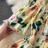 Sexy Floral Gedrukt Strand Jurk Vrouwen Geel / Rood Korte Mouw Hoge Taille Off Shoulder Slim Vestido Elegante Vrouwelijke Robe Plus Size Y0603