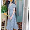 Старинные сладкие голубые принты слоеного рукава лето элегантный офис леди Vestido мода силмин талии платья для женщин 210525