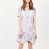 2021 Summer Autumn Short Sleeve V Neck Lavender Dress Floral Print Panelled Ruffle Knee-Length Women Fashion Dresses G127036