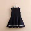 Summer Preppy Style 3 4 6 8 10 12 Years Children Sleeveless Bow Sailor Collar Navy Blue Kids Baby Girls Military Dress 210529