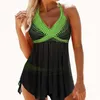 Women's Sexy V-neck Swimwear Patchwork Padded Push Up Tankini Sets Plus Size Halter Swimsuit Summer Beach Wear Bathing Suits Y0820