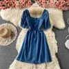 Vestido de denim azul para mulheres moda verão vintage elegante colarinho de manga curta botões slim a linha robe 210603