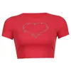 女性のTシャツドロップショッピングハートクリスタルスウェットかわいいY2KクロップトップTシャツ夏ファッションコットンレディースレッドベーシックティーシャツストリートウェア