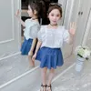 Kids Clothes Lace Blouse + Denim Skirt Girl Casual Style Costume For Summer Children's Set 210528