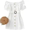 women sexy off shoulder short sleeve white mini dress female breasted buttons sashes vestido chic casual slim dresses DS3847 210603