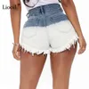 Liooil Patchwork Hole High Waisted Ripped Short Jeans med Tassel Kvinnor Knapp Zipper Fickor Tvättade Distressed Sexy Shorts 210611