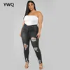 Grande taille taille haute jean femme maigre déchiré grand pantalon cargo mode mince trou serré maman pantalon 210809