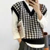 Mulheres Houndstooth solta de malha colete suéter v pescoço sem mangas espessas camisola casual ternos femininos cintura chique tops 17502 211008