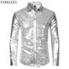 Silver Metallic Sequins Glitter Shirt Men 70's Halloween Costume Chemise Homme Stage Performance Shirt Male 210714