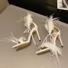 Kcenid New Sexy White Black Feather Sandals For Women Thin High Heels Lace Up Dance Shoes ladies Sandals Party Pumps Size 35-42