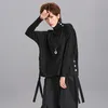 EAM Loose Fit Black Ribbon Split Sweatshirt Nieuwe High Collar Long Sleeve vrouwen Big Size Fashion Spring Autumn LJ200808