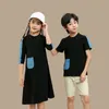 4 to 14 years kids & teenager girls summer denim jeans color block cotton casual flare black dress child three quarter dresses 211027