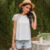 Lace Patchwork T Shirt Women Summer Casual Hollow Out Short Sleeve Solid Color Loose op Female O Neck Pullover ops 210526