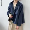 여성 트렌치 코트 단단한 긴 소매 자르기 자켓 여성 더블 브레스트 비대칭 헴 세련된 Veste Femme 가을 봄 2021 Mujer