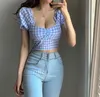 Womengaga Summer Bow Square Collar Puff Sleeve Plaid Gedrukt Shirt Tops Blauw Koreaanse Sexy Vrouwen Blouse Shirts Blouses U8N 210603