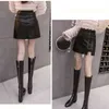 Black Bandage High Waist Autumn Winter Sexy Shorts Skirts Zipper Fly Casual PU Mini Leather Women Fashion A-line 210615