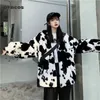 Abrigo de moda de invierno coreano Harajuku Vacas Impresión suelta Chaqueta de cuero de manga completa Vintage Franela Mantenga abrigo de algodón cálido 210712