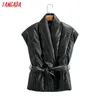 Tangada Donna Giacca Parka in ecopelle nera con cappotto oversize largo senza maniche Slash AM34 210916