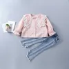 2-7 years high quality girl clothing set autumn fashion plaid pink yellow shirt + pearl demin pamt kid children clothes 210615
