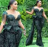 Jägare Gröna Jumpsuits Prom Klänningar Sheer Neck Sequined Luxury African Plus Size Women Formal Afton Gowns