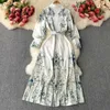 Kobiety Sąd Retro Drukuj Sukienka Linii Sprężyna Guzika z długim rękawem Eleganckie Vintage Odzież Vestidos S426 210527