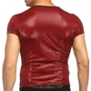 Homens sensuais T-shirt magro brilhante t-shirt alta qualidade top club desgaste o pescoço de manga curta pulôver slim caber couro de patente t camisa masculina 210726