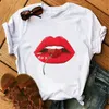 Kadın T-Shirt Kadın T Gömlek Kırmızı Dudak Ayakkabı Baskı Harajuku Eğlence Moda Estetik Tshirt Komik En Tees Kadın T-Shirt Kadın Giysileri