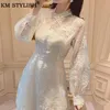 Casual Dresses Women Clothings Elegant Lace Dress 2022 Spring Summer Vintage Apricot Long Sleeve Modified Cheongsam Prom ett stycke