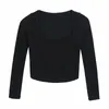 Autumn Women Square Collar Knitting Short T Shirt Casual Femme O Neck Long Sleeve Crop Tops T1380 210302