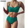 INGAGA Hohe Taille Bikinis Gerippte Damen Badeanzug Bademode Frauen Cut Out Badeanzüge Push Up Biquini Schwarz Set 210702