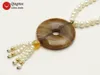 Pendentif Colliers Qingmos Naturel 6-7mm Collier de perles blanches pour femmes 19 "Chokers avec 40mm Donuts Brown Agates Bijoux