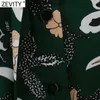 Zevity Women Vintage Totem Floral Print Sahses Green Midi Dress Femme Long Sleeve Casual Business Vestido Shirt Dress DS4807 210603