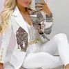 Kvinnors tvåbitar byxor Autumn Women Leopard Print Blazer Coat Suit Set 2021 Femme Formal Jacket Trousers Office Lady Outfits 2 Set