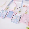 Cherry Flowers PU Card Holder Retractable Lanyard 2 Bits Card Bag Women Identity Badge Reel Rope Card Case ID IC Holders