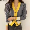 Maglione cardigan coreano monopetto con scollo a V Donna Autunno Inverno Manica lunga color block Fashion Elegant Ladies Top 211103