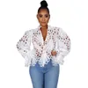 Women Sexy Shirts Elegant Flare Long Sleeve Pearl Button Down Floral Lace Crochet Hollow Out Tops and Blouses