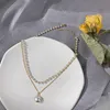 Kpop Fashion Beaded Pearl Choker Necklace For Women Cute Layered Chain Heart Pendant Korean Jewelry 2021 Collar