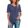 Sommar solid färgT-tröja med cross-knot på bröstkorgar Toppar och blusar Casual Loose V-Neck All-Match Oversized T Shirt 210608
