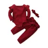 Completi per neonate Completi per bambina 4 colori Ruffler manica lunga Rompe Abbigliamento casual per bambini Pantaloni in cotone per bambina Fascia per bambini Set casual 407 U2