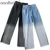 Ombre Jeans Summer Fashion High Waist Women Long Trousers Split Hem Female Casual Straight Denim Pants Light Blue 210604