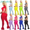 Femmes deux pièces tenues Sexy à manches courtes haut en maille T-shirt nouveau Style femme pantalon serré 2 pièces plissé pantalons longs ensembles