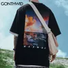 GONTHWID Oversize T-Shirts Streetwear Hip Hop Mer Paysage Coucher De Soleil Imprimer À Manches Courtes T-shirts Coton Mode Harajuku Casual Tops C0315