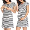 Ciężarna karmienie karmienia piersią Kobiety Summer Summer Sukienka Maternity Z Krótkim Rękawem Paski Drukuj Sukienka Pielęgniarska Robe Femme Q0713