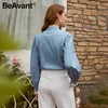 Beavant vintage jeans azul feminina blusa camisa outono inverno de manga longa renda azul top elegante trabalho use casual fofo tops 210709