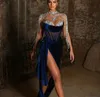 イブニングドレスの女性ドレスドレスハイネックブルーベルベットプリーツLSSシースYousef Aljasmi Kendal Jenner Silver Crystal Kim Kardashian