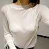 Camiseta Mulheres Moda O Pescoço Cor Sólida Tshirt Verão Casual Manga Longa Tops Estilo Coreano Magro Malinho Camiseta Femme 210306