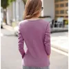 Algodão Casual Dois Bolsos V-Neck t Camisetas Mulheres Primavera Inverno de Manga Longa Café Roxo T Camisa Feminina Cor Sólida Tops 210722