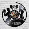 Fitness Vinyl Record Clock Sport Body Health Handmade Sports GYM Wall Art Bodybuilding Room Decor Dumbbell Vintage LP Wall Clock 210724